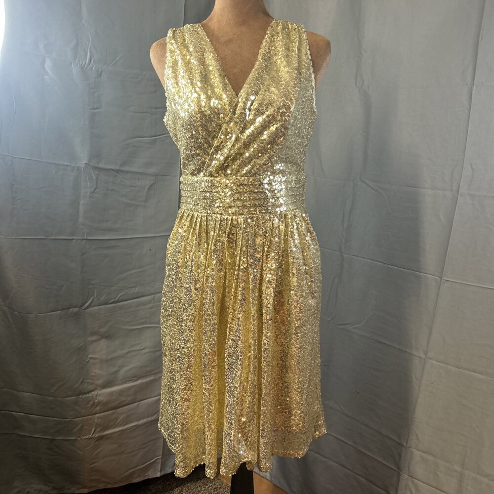 NWT Kate Kasin Womens 6 Gold Sequin V Neck A Line Cocktail Dress Holiday Party